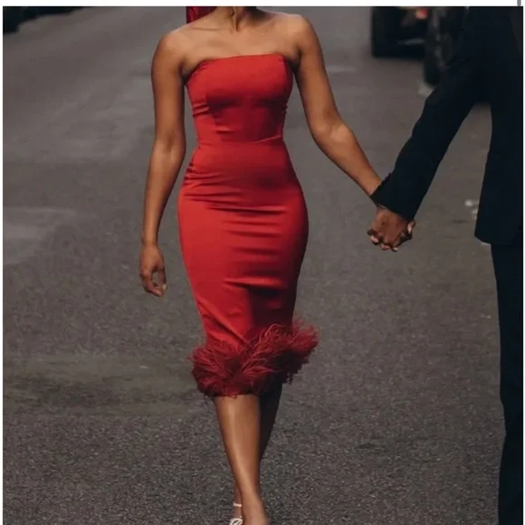 Alamour The Label Strapless Red Dress with Feather Hem - Picture 2 of 3